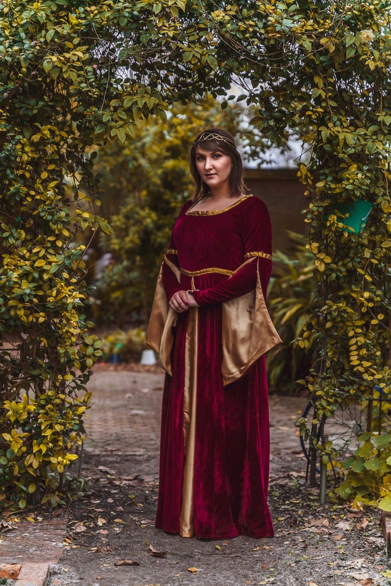 Burgundy Velvet Renaissance Medieval Gown with Satin Panel Insert and Ribbon Accents Women Medieval Dress Renaissance Gothic Halloween image 1