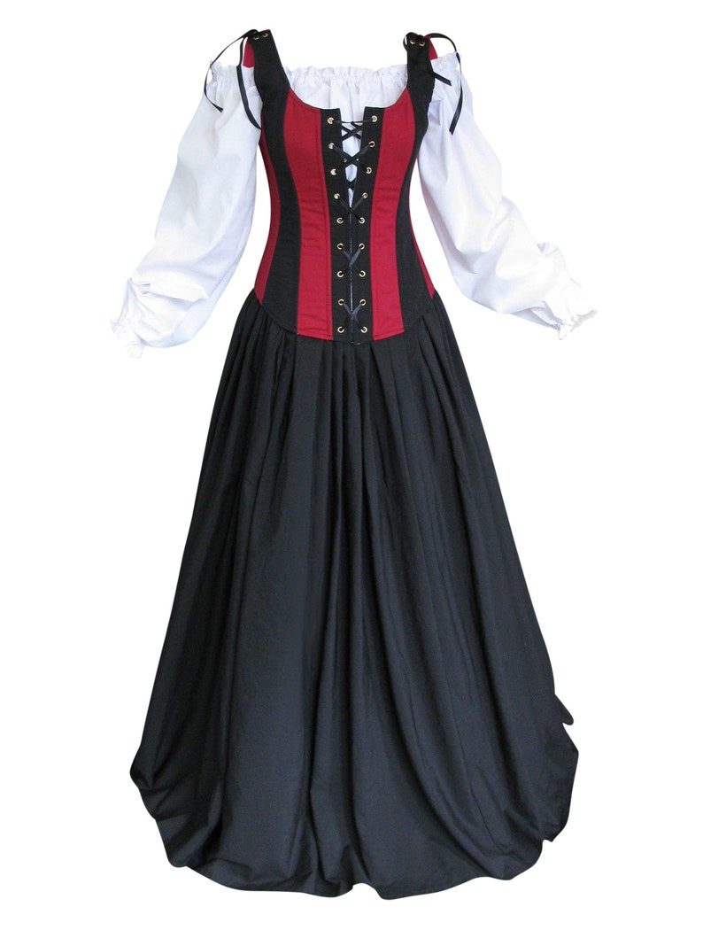 Red and Black, 3pc Medieval Dress for RenFaire, Wench Bodice Outfit, Renaissance Gown, Pirate Costume Wedding Halloween Cosplay image 4