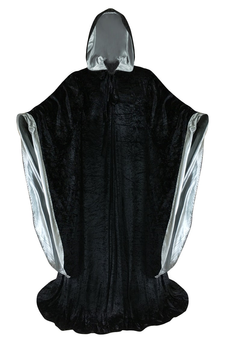 Wizard BLACK Robe with Hood and Sleeves, Velvet Halloween, Simple Costume for Adults, Lined in SILVER Satin Cosplay, Witch, 64 Cloak GOT image 2