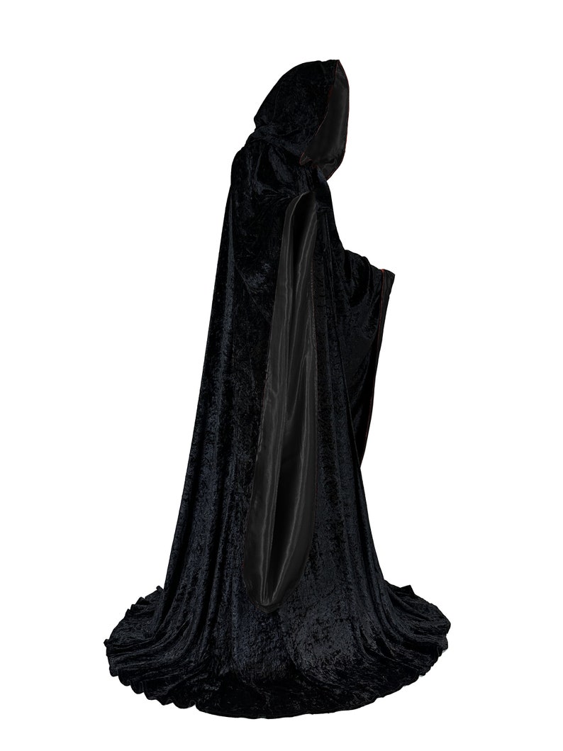 Wizard BLACK Robe with Hood and Sleeves, Velvet Halloween, Simple Costume for Adults, Lined in BLACK Satin Cosplay, Witch, 64 Cloak GOT image 3