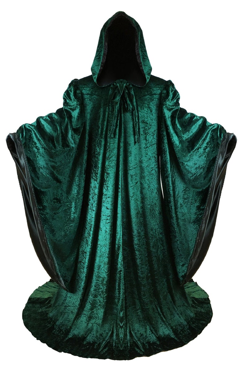 Wizard Emerald GREEN Velvet Robe with Hood Sleeves , Halloween Fashion Adult Costume, Lined in BLACK Satin, Cosplay, 64' Cloak GOT 