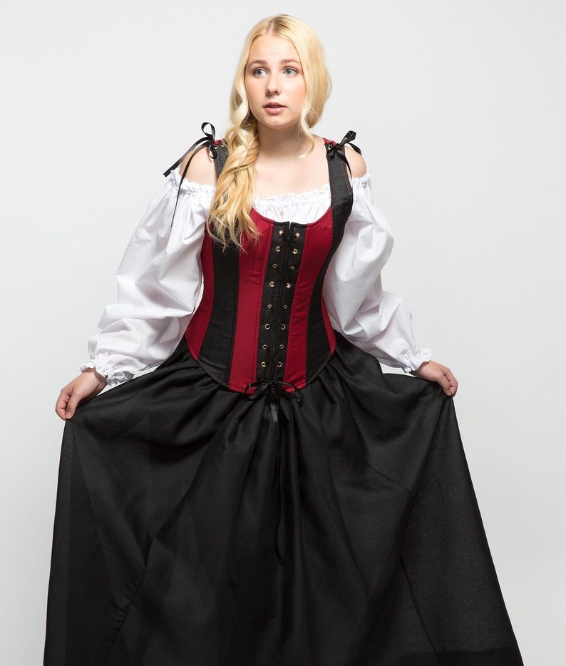 Red and Black, 3pc Medieval Dress for RenFaire, Wench Bodice Outfit, Renaissance Gown, Pirate Costume Wedding Halloween Cosplay image 1