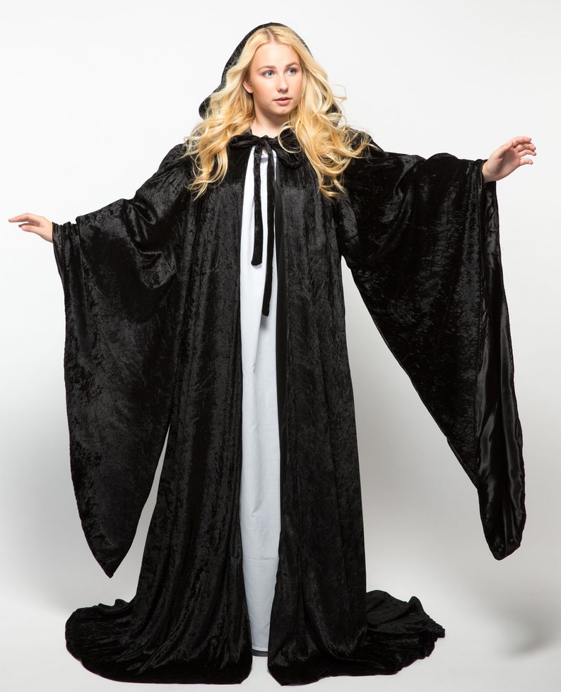 Wizard BLACK Robe with Hood and Sleeves, Velvet Halloween, Simple Costume for Adults, Lined in BLACK Satin Cosplay, Witch, 64 Cloak GOT image 7