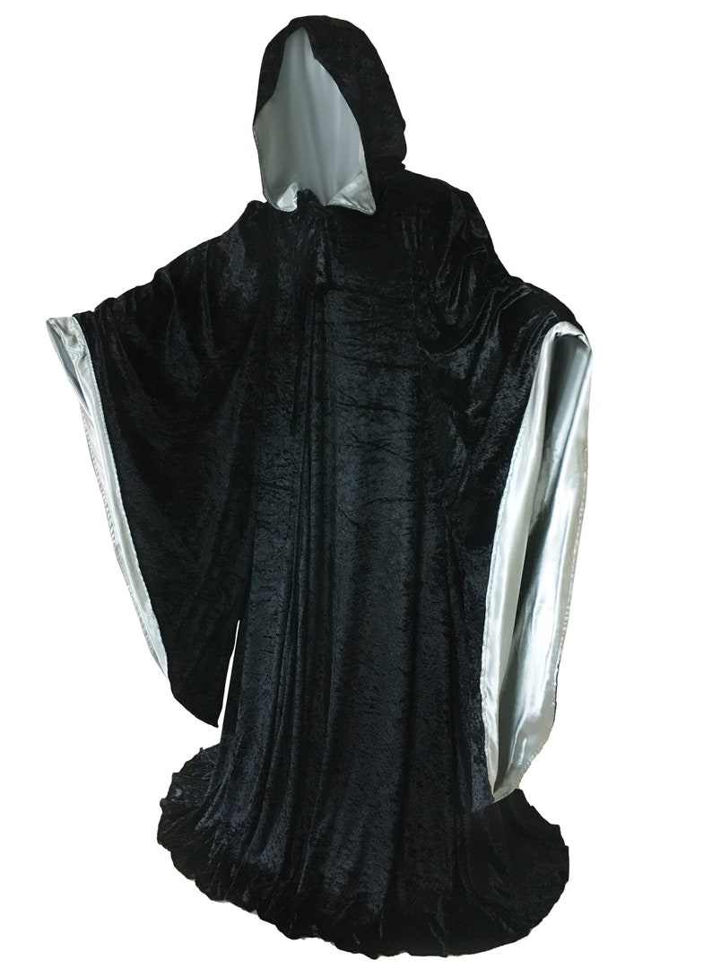 Wizard BLACK Robe with Hood and Sleeves, Velvet Halloween, Simple Costume for Adults, Lined in SILVER Satin Cosplay, Witch, 64 Cloak GOT image 5