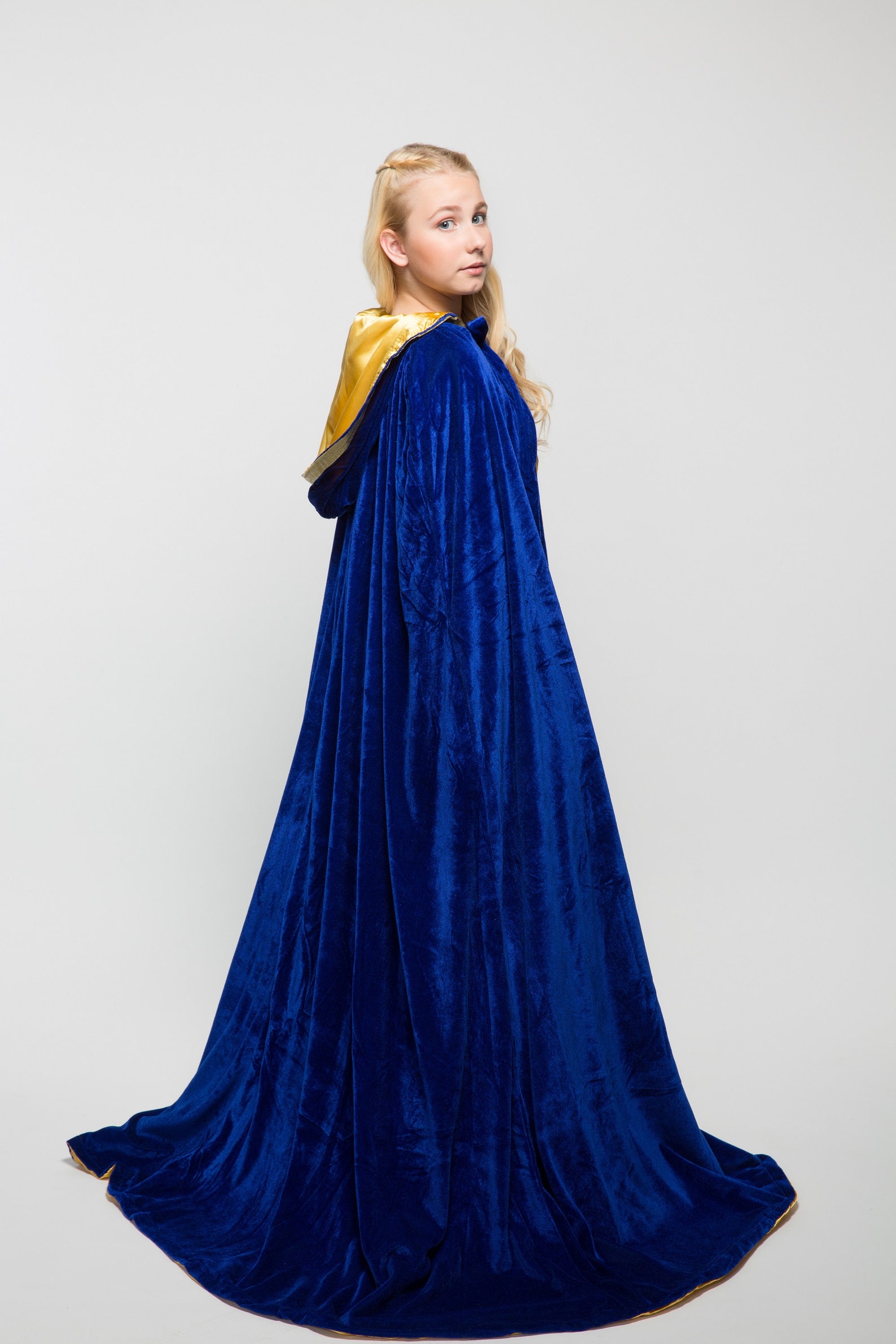 Blue Cloak Lined With Gold Satin Cape Hooded Velvet Medieval Etsy
