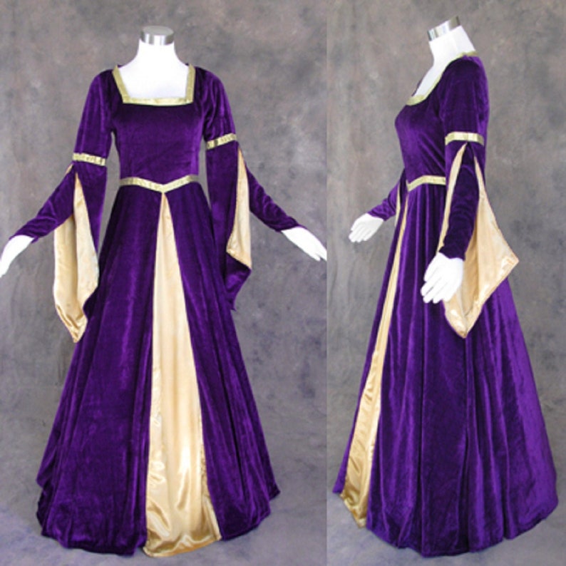 Deep Purple Renaissance Medieval Gown with Satin Panel Insert and Ribbon Accents Women Medieval Dress Renaissance Gothic Dress Cosplay image 1