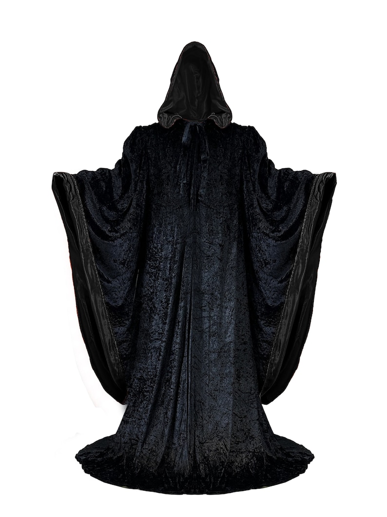 Wizard BLACK Robe with Hood and Sleeves, Velvet Halloween, Simple Costume for Adults, Lined in BLACK Satin Cosplay, Witch, 64 Cloak GOT image 1