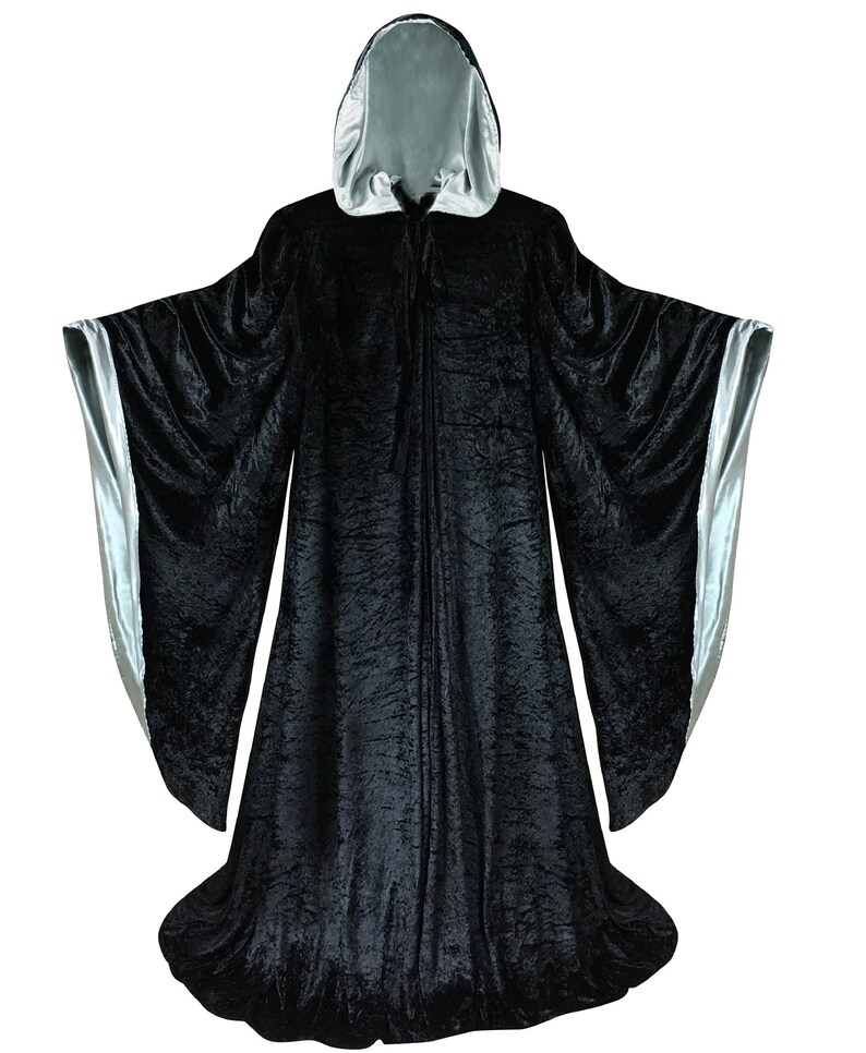 Wizard BLACK Robe with Hood and Sleeves, Velvet Halloween, Simple Costume for Adults, Lined in SILVER Satin Cosplay, Witch, 64 Cloak GOT image 3