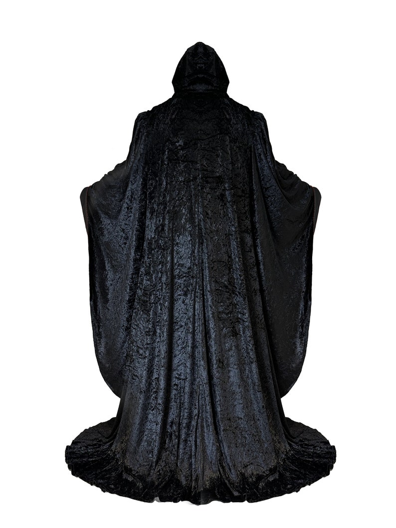 Wizard BLACK Robe with Hood and Sleeves, Velvet Halloween, Simple Costume for Adults, Lined in BLACK Satin Cosplay, Witch, 64 Cloak GOT image 4