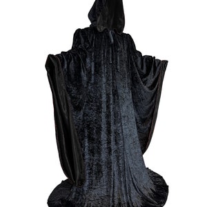 Wizard BLACK Robe with Hood and Sleeves, Velvet Halloween, Simple Costume for Adults, Lined in BLACK Satin Cosplay, Witch, 64 Cloak GOT image 2