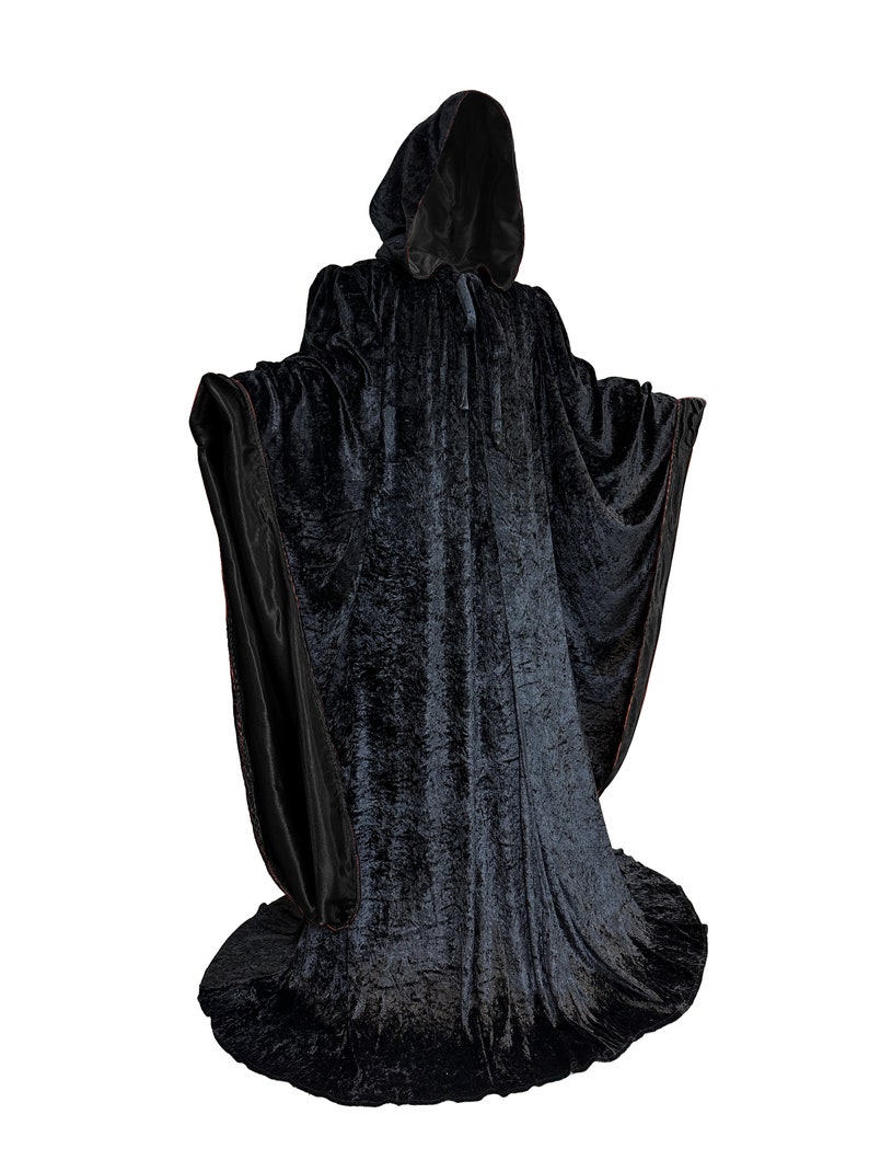 Wizard BLACK Robe with Hood and Sleeves, Velvet Halloween, Simple Costume for Adults, Lined in BLACK Satin Cosplay, Witch, 64 Cloak GOT image 2