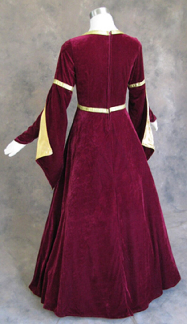 Burgundy Velvet Renaissance Medieval Gown with Satin Panel Insert and Ribbon Accents Women Medieval Dress Renaissance Gothic Halloween image 3