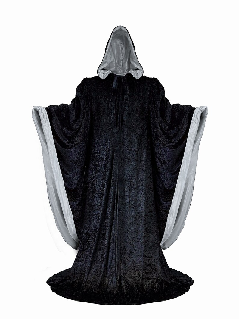 Wizard BLACK Robe with Hood and Sleeves, Velvet Halloween, Simple Costume for Adults, Lined in SILVER Satin Cosplay, Witch, 64 Cloak GOT image 1