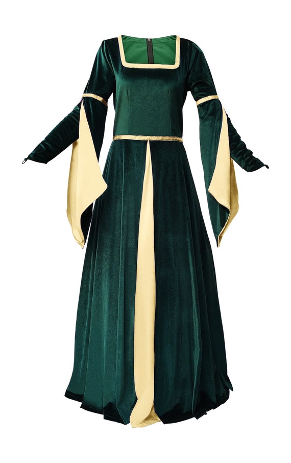 Green Velvet Renaissance Gown With Satin Panel Insert and Ribbon