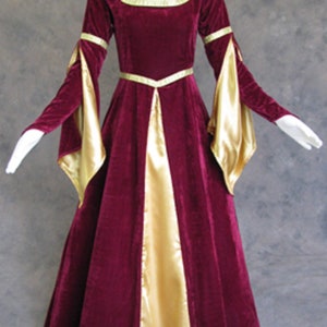 Burgundy Velvet Renaissance Medieval Gown with Satin Panel Insert and Ribbon Accents Women Medieval Dress Renaissance Gothic Halloween image 2