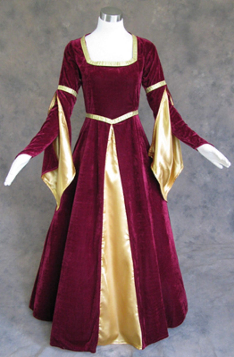 Burgundy Velvet Renaissance Medieval Gown with Satin Panel Insert and Ribbon Accents Women Medieval Dress Renaissance Gothic Halloween image 2