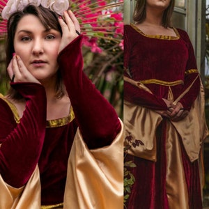 Burgundy Velvet Renaissance Medieval Gown with Satin Panel Insert and Ribbon Accents Women Medieval Dress Renaissance Gothic Halloween image 7