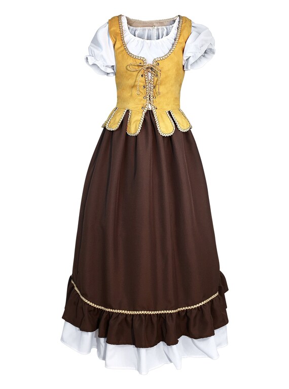 Medieval Maiden Dress, 2pc Renaissance Peasant Costume, Bodice With White  and Brown Gown, Halloween or Ren Faire Regular Plus Size 