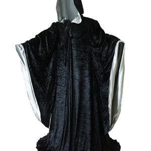 Wizard BLACK Robe with Hood and Sleeves, Velvet Halloween, Simple Costume for Adults, Lined in SILVER Satin Cosplay, Witch, 64 Cloak GOT image 4