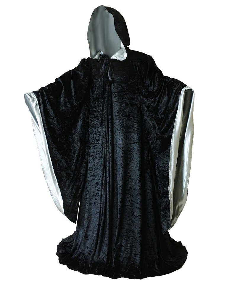 Wizard BLACK Robe with Hood and Sleeves, Velvet Halloween, Simple Costume for Adults, Lined in SILVER Satin Cosplay, Witch, 64 Cloak GOT image 4