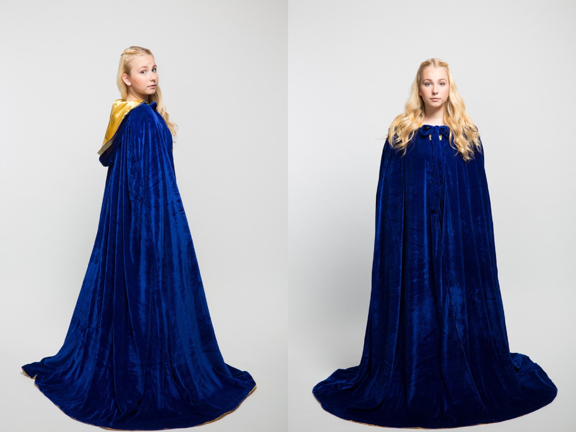Blue & Gold Royal Cloak Luxury Costume Fantasy Role Play Velvet Hooded Cape 50" 