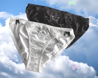 Braguitas de bikini de satén de diseño original, braguitas con bordado de gato, lencería cómoda, sin costuras y transpirable.