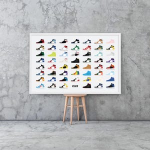 May include: A framed print featuring a collection of colorful sneakers in various designs. The sneakers are arranged in a grid pattern against a white background. The print is displayed on a gray concrete wall, with a wooden stool in front.