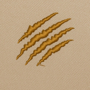 May include: Close-up of a tan fabric with four embroidered claw marks in a golden-yellow color. The claw marks are angled diagonally across the fabric, creating a textured and detailed design.