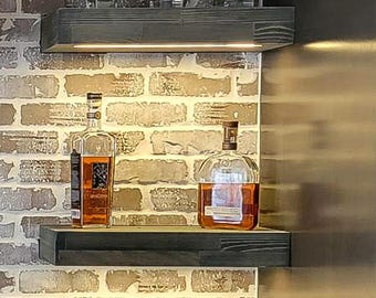 Floating Shelf with LED Lights, Modern Thick Shelf, Recessed Led Strip, Custom Size Lighted Bar Shelf, Kitchen Shelf with 12V DC LED Light