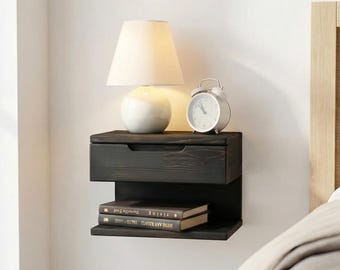 Black Floating Nightstand | Wall Mounted Nightstand with Drawer | Wood Bedside Shelf and Floating Nightstand |  Handmade Floating Table