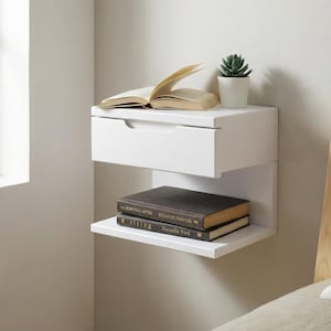 White Floating Nightstand | Wall Mounted Nightstand with Drawer, Wood Bedside Shelf and Floating Nightstand for Bedroom - Unique Gift
