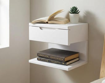 White Floating Nightstand | Wall Mounted Nightstand with Drawer, Wood Bedside Shelf and Floating Nightstand for Bedroom - Unique Gift