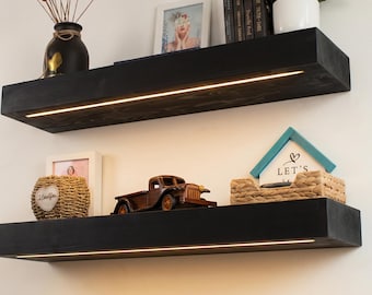Modern Black Floating Shelf with LED Light, Thick Wall Shelf, Wooden Shelf, Heavy Duty Kitchen Shelf, Floating Shelf with 12V DC LED Light