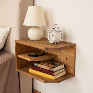 Handmade Floating Wood Nightstand: Angular Bedside Shelf
