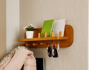 Entryway Organizer, Wooden peg coat rack, Coat Rack with Shelf, Key Holder and Mail Shelf, Wall Mounted Mail Organizer,