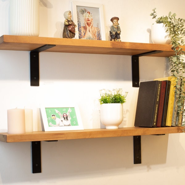Modern Floating Shelf with Metal Brackets, Wooden Custom Size Shelf, Heavy Duty Shelf for Kitchen, Industrial Shelf with Metal Brackets