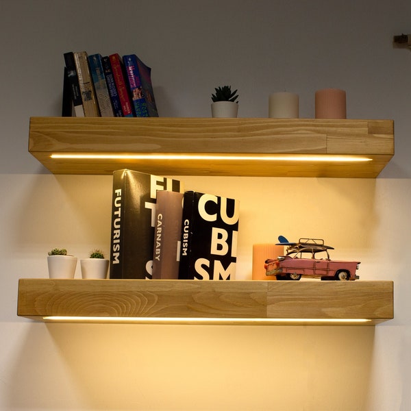 Floating Thick Wall Shellf with lights, Wooden Shelf with Led Light Strip, Floating Shelf  with 12V  DC LED lights, Gift for Housewarming