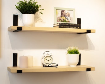 Custom Wood Floating Shelf with Metal Brackets: Heavy Duty Wall Shelf