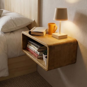 Oak Colored Floating Nightstand, Wood Bedside Tables, Mid Century Table, Nightstand Shelf, Bedside Shelf, Unique Style, Handmade Gift