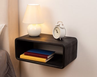 Mesita de noche flotante negra, mesita de noche de madera, mesita de noche con cajón, mesa de mediados de siglo, estante de mesita de noche, estante de pared junto a la cama, estilo moderno