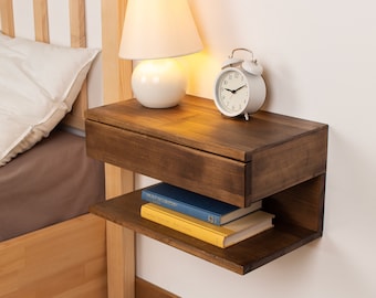 Walnut Colored Floating Nightstand | Wood Bedside Shelf | Floating Nightstand with Drawer for Bedroom Handmade Floating Table Gift for Home