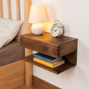 Walnut Colored Floating Nightstand Wood Bedside Shelf Floating Nightstand with Drawer for Bedroom Handmade Floating Table Gift for Home image 1