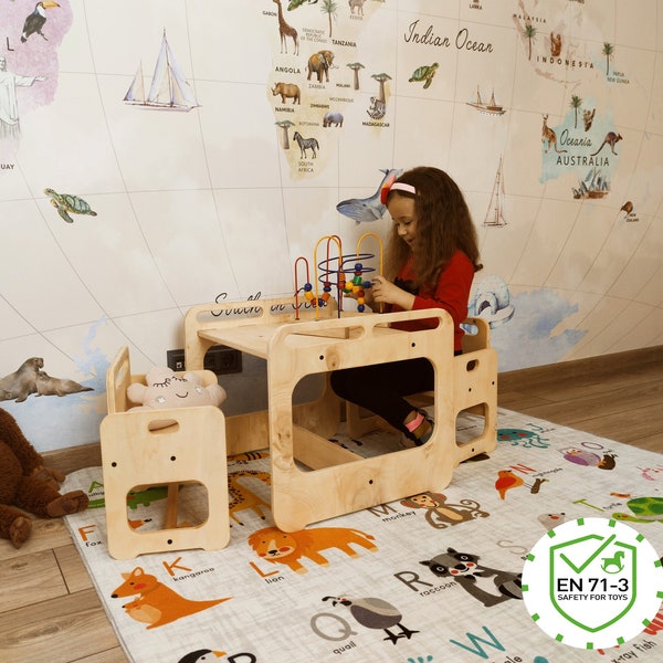 Montessori Tisch und Stuhl-Set für Kinder, Geschenk für Kinder-Kinderzimmer, Kleinkindmöbel, Entwöhnungstisch für Kinder, Kleinkindtisch aus Holz