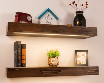 Floating Shelf with LED Strip, Thick Wall Shelf with lights, Wooden Shelf, Liquor Shelf, Floating Shelf with 12V DC LED lights-Free Shipping