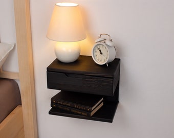 Black Floating Nightstand | Wall Mounted Nightstand with Drawer | Wood Bedside Shelf and Floating Nightstand |  Handmade Floating Table