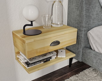 Natural Floating Nightstand | Wall Mounted Nightstand with Drawer | Wood Bedside Shelf and Floating Nightstand for Bedroom | Floating Table