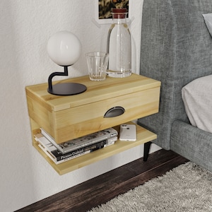 Natural Floating Nightstand | Wall Mounted Nightstand with Drawer | Wood Bedside Shelf and Floating Nightstand for Bedroom | Floating Table