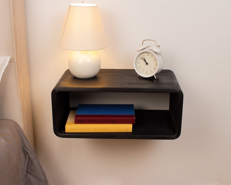 Black Floating Nightstand, Wood Bedside Table, Drawer nightstand, Mid Century Table, Nightstand Shelf, Bedside Wall Shelf, Modern Style image 4