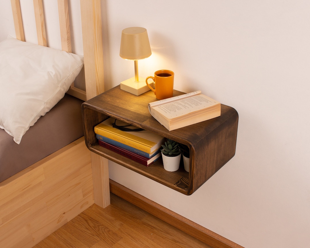Walnut Colored Floating Nightstand Wood Bedside Tables Nightstand Shelf Bedside Wall Shelf Modern Style Oval Design Bedside Furniture Etsy