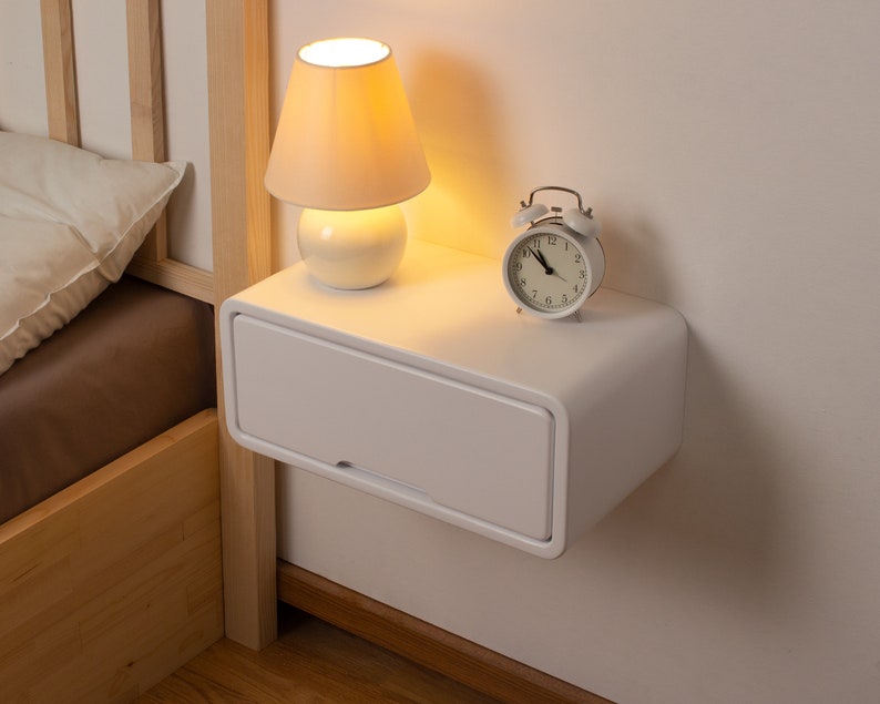 Modern Minimal Floating Wooden Nightstand with Drawer Handcrafted Bedside Table White Modern Style Bedside Table Hardware Included White(Pictured)